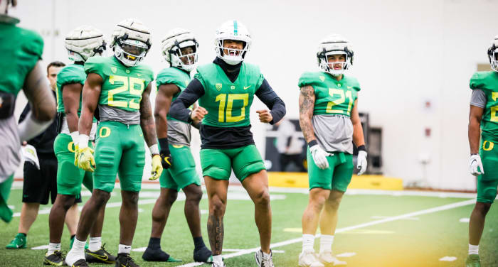 Linebacker Justin Flowe (10) shouts during spring practice inside the Moshofsky Center.
